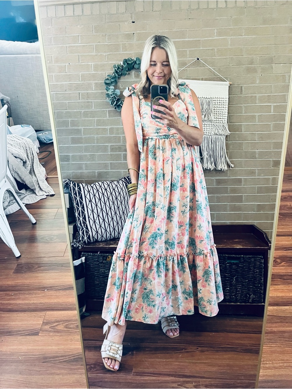 So Me Peach Floral Maxi Dress with Green Accents